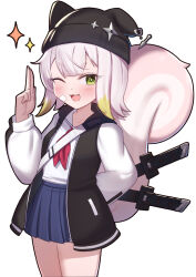  1girl :3 ;3 ;d beanie black_hat black_jacket blonde_hair blue_skirt blush character_request colored_tips commentary cowboy_shot fang finger_gun green_eyes hat highres jacket long_sleeves miniskirt multicolored_hair neckerchief one_eye_closed open_clothes open_jacket open_mouth pleated_skirt puffy_long_sleeves puffy_sleeves red_neckerchief shirt simple_background skirt smile solo sparkle sword sword_on_back tail thick_eyebrows trickcal uneg v-shaped_eyebrows weapon weapon_on_back white_background white_hair white_shirt white_sleeves 