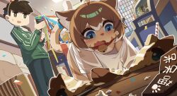  1boy absurdres animal_ears animal_hands bell birthday birthday_cake black_hair blonde_hair blue_eyes brown_eyes cake cat_ears cat_tail chair chinese_commentary commentary_request confetti couch crying crying_with_eyes_open daidaimiao dropped_food food furry furry_with_non-furry green_jacket highres interspecies jacket kotoba_(1074421015) original party_popper shirt t-shirt table tail tears window wooden_table 