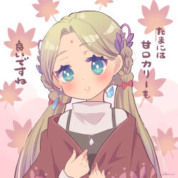  1girl absurdres alternate_costume autumn_leaves blue_eyes blush braid brown_hair casual commentary_request dark-skinned_female dark_skin earrings facial_mark forehead_mark hair_tie haru_meguru heaven_burns_red highres jewelry leaf long_hair maple_leaf shirt signature simple_background twintails upper_body vritika_balakrishnan white_background white_shirt 