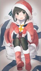  1girl absurdres black_hair black_pantyhose blush boots box commentary_request fubuki_(kancolle) fur-trimmed_gloves fur_trim gift gift_box gloves green_eyes hat highres holding holding_gift kantai_collection ma_rukan open_mouth pantyhose pom_pom_(clothes) red_boots red_gloves red_hat santa_costume santa_hat short_hair signature sitting solo 