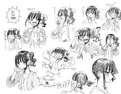  >_< 1girl blush closed_eyes closed_mouth commentary_request greyscale hair_ornament hair_scrunchie hands_on_own_head itomugi-kun jacket monochrome multiple_views nekoyashiki_mayu o_o one_side_up open_clothes open_jacket open_mouth precure profile ringed_eyes scrunchie shaded_face shirt short_hair solid_circle_eyes sweat translation_request wavy_mouth wonderful_precure! 