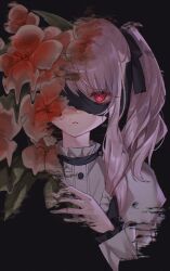  1other absurdres akiyama_mizuki bake_no_hana_(vocaloid) black_background black_ribbon blindfold buttons center_frills chromatic_aberration commentary_request drill_hair drill_ponytail drill_sidelocks expressionless eyelashes film_grain fingernails flower frilled_shirt_collar frills glitch hair_ribbon high_side_ponytail highres juliet_sleeves keikyoku_no_machi_wa_doko_e_(project_sekai) lace-trimmed_blindfold lace_trim lips long_hair long_sleeves looking_at_viewer neck_ribbon official_alternate_costume other_focus partial_commentary pink_eyes pink_hair ponytail project_sekai puffy_sleeves red_flower ribbon shirt side_ponytail sidelocks simple_background solo umeo_(pixiv51103813) white_shirt 