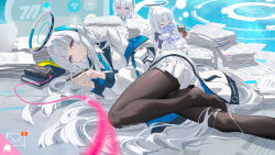  1girl artist_request black_pantyhose blue_archive blue_necktie book chibi hair_ornament halo headgear highres holding holding_pen long_hair looking_at_viewer lying millennium_science_school_logo necktie noa_(blue_archive) notebook off-shoulder_jacket off_shoulder pantyhose paper pen sidelocks skirt smile solo suit violet_eyes white_hair white_halo white_skirt white_suit 