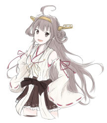  1girl :d ahoge black_skirt black_thighhighs braid braided_bun brown_eyes brown_hair detached_sleeves double_bun frilled_skirt frills hair_bun hakama hakama_skirt hands_on_own_hips highres japanese_clothes kantai_collection kashiwada_kiiho kongou_(kancolle) long_hair open_mouth red_ribbon ribbon ribbon-trimmed_sleeves ribbon_trim simple_background skirt sleeve_ribbon smile solo teeth thigh-highs upper_teeth_only very_long_hair white_background white_sleeves 