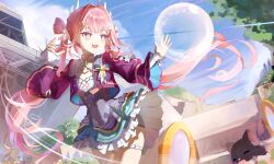  1girl absurdres blue_sky breasts commentary_request dress flower hair_flower hair_ornament highres honkai_(series) honkai_impact_3rd jacket lll_lynx long_hair pink_hair purple_dress purple_jacket rabbit-shaped_pupils sky small_breasts solo squeans symbol-shaped_pupils thigh_strap thighs very_long_hair violet_eyes youyun 