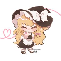  1girl apron back_bow black_vest blonde_hair blowing_kiss blush bow braid chibi chibi_only closed_eyes commentary facing_viewer frilled_skirt frills hair_bow hat hat_bow heart heart_of_string highres implied_yuri kirisame_marisa long_hair side_braid single_braid skirt solo touhou twitter_username uzuki_(amayadori) very_long_hair vest waist_apron watermark white_bow witch_hat 