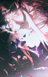  1girl ankle_wings black_background chromatic_aberration commentary dress earth_(planet) feathered_wings floating_hair from_side full_body giant giantess gloves goddess_madoka hair_ribbon highres kaname_madoka long_hair magical_girl mahou_shoujo_madoka_magica mahou_shoujo_madoka_magica:_hangyaku_no_monogatari o0oherb object_floating_above_hand pink_hair pink_thighhighs planet profile ribbon sky smile solo space standing star_(sky) starry_sky thigh-highs two_side_up very_long_hair white_dress white_gloves white_wings wings yellow_eyes 