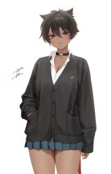  1girl brown_hair choker dark-skinned_female dark_skin hair_between_eyes highres looking_at_viewer micchan_(ohisashiburi) ohisashiburi original pleated_skirt red_eyes short_hair signature simple_background skirt slither.io solo 