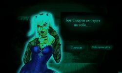  1girl amane_misa black_choker blonde_hair breasts choker cross cross_necklace death_note fake_fangs goth_fashion gothic_punk highres jewelry lace lace_sleeves long_hair margonika00 necklace no_i'm_not_a_human shinigami_eyes_(death_note) smile solo two_side_up vampirebite_(piercing) 