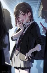  1girl black_hair black_jacket black_nails black_shorts chigusa_minori colored_inner_hair commentary_request detached_sleeves diagonal-striped_clothes diagonal-striped_necktie grey_skirt highres jacket looking_at_viewer medium_hair multicolored_hair nail_polish necktie open_mouth people pink_hair school_uniform shino_to_ren shirayuki_ren shirt shorts shorts_under_skirt skindentation skirt solo_focus striped_clothes thigh-highs violet_eyes white_shirt yawning 