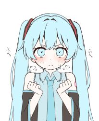  1girl aqua_eyes aqua_hair aqua_necktie black_sleeves blush center-flap_bangs clenched_hand closed_mouth collar detached_sleeves double-parted_bangs frilled_collar frilled_shirt frills ganbaru_pose hair_between_eyes hair_ornament hatsune_miku heart heart-shaped_pupils long_hair looking_at_viewer necktie shirt simple_background sleeveless sleeveless_shirt solo steaming_body sweat symbol-shaped_pupils twintails upper_body v-shaped_eyebrows very_long_hair vocaloid white_background wide_sleeves zunda_drop 