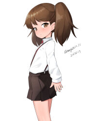  1girl absurdres brown_eyes brown_hair brown_skirt child collared_shirt commentary_request dated dress_shirt flat_chest from_behind highres kantai_collection long_hair looking_at_viewer looking_back magatama maru_(marg0613) one-hour_drawing_challenge pleated_skirt ryuujou_(kancolle) shirt simple_background skirt solo suspenders twintails twitter_username white_background white_shirt 
