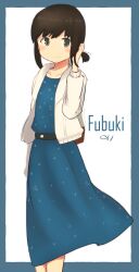  1girl alternate_costume anchor anchor_symbol belt black_hair blue_dress blush character_name closed_mouth collarbone commentary_request dress fubuki_(kancolle) fubuki_(spring)_(kancolle) green_eyes hand_in_own_hair highres hood hooded_jacket jacket kantai_collection looking_at_viewer ma_rukan official_alternate_costume polka_dot polka_dot_dress shibafu_(glock23)_(style) sidelocks signature simple_background smile solo white_background 