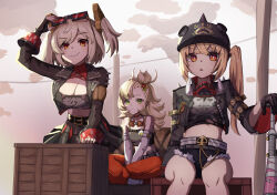  1girl baseball_bat black_gloves black_jacket black_shorts black_skirt blonde_hair burnice_white combat_helmet commentary crop_top detached_sleeves eyewear_on_head fur-trimmed_shorts fur_trim gloves goggles goggles_around_neck green_eyes hair_between_eyes hair_bun helmet highres holding holding_baseball_bat holding_weapon horns jacket long_hair luciana_de_montefio mask mask_around_neck metal_baseball_bat micro_shorts multiple_girls navel open_mouth piper_wheel red_eyes respirator shirt shorts side_ponytail sitting skirt smile spiked_shirt sugunejineji sunglasses twintails untranslatable_commentary weapon yellow_gloves zenless_zone_zero 