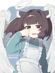  1girl :d ahoge alternate_costume angel angel_wings apron blue_track_suit blush brown_hair commentary frilled_apron frills halo happy_tears headgear highres jacket jersey_maid long_sleeves looking_at_viewer maid mizusaki_nakono red_eyes short_hair smile solo tears tenshi_kaiwai touhoku_kiritan track_jacket track_suit twintails unconventional_maid upper_body voiceroid white_halo wind wings wiping_tears 