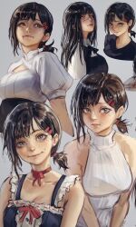  2girls black_dress black_hair black_shirt brown_eyes brown_hair chainsaw_man closed_mouth dress fourth_east_high_school_uniform grey_background hair_ornament hairclip higashiyama_kobeni highres idaero_ace light_smile long_hair looking_at_viewer mole mole_under_eye mole_under_mouth multiple_girls multiple_moles multiple_views pinafore_dress ponytail red_ribbon ribbon scar scar_on_face scar_on_nose school_uniform shirt short_ponytail simple_background single_sidelock sleeveless sleeveless_dress sleeveless_turtleneck sweater turtleneck turtleneck_sweater white_shirt white_sweater yellow_eyes yoru_(chainsaw_man) 
