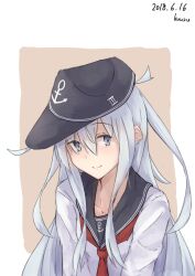  1girl anchor_symbol artist_name black_hat black_sailor_collar blue_eyes blue_hair blush border brown_background collarbone commentary_request cowlick dated flat_cap hair_between_eyes hat hat_pin hibiki_(kancolle) kantai_collection kuuru_(kuuru-n) long_hair long_sidelocks long_sleeves looking_at_viewer neckerchief outside_border red_neckerchief sailor_collar sidelocks simple_background smile solo upper_body white_border white_sleeves 