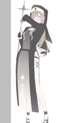  1girl alternate_costume black_dress black_sleeves black_veil blue_eyes breasts brown_hair commentary_request cross dress genshin_impact highres holding holding_polearm holding_weapon jm9p5xyaqv62166 long_hair long_sleeves looking_at_viewer nun nun_headdress polearm sandrone_(genshin_impact) simple_background solo thigh-highs traditional_nun veil weapon white_background 