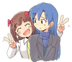  2girls :d ^_^ amami_haruka behind_another black_jacket blue_hair bow brown_eyes brown_hair closed_eyes commentary_request cropped_torso double_v hair_bow hands_up idolmaster idolmaster_(classic) jacket kisaragi_chihaya lapels long_hair looking_at_another multiple_girls multiple_hair_bows notched_lapels open_mouth red_bow short_hair simple_background smile sweatdrop tsubobot turning_head turtleneck v white_background 