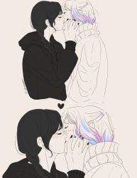  2girls artist_name black_hair black_lips black_nails blush braid closed_eyes colored_tips commentary english_commentary enid_sinclair hand_on_another's_cheek hand_on_another's_face heart highres isatpanart kiss multicolored_hair multiple_girls partially_colored short_hair sweater the_addams_family twin_braids wednesday_(netflix) wednesday_addams yuri 