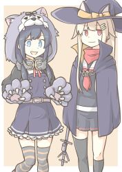  2girls akara_kai asashio_(halloween)_(kancolle) asashio_(kancolle) asashio_kai_ni_(kancolle) black_hair black_ribbon black_serafuku black_thighhighs blonde_hair blue_eyes buttons cape cosplay costume_switch dress feet_out_of_frame hair_flaps hair_ornament hair_ribbon hairclip halloween halloween_costume hat highres kantai_collection long_hair long_sleeves looking_at_viewer multiple_girls neck_ribbon neckerchief orange_background outside_border pinafore_dress pleated_skirt red_eyes red_neckerchief red_ribbon ribbon scarf school_uniform serafuku shirt simple_background skirt sleeveless sleeveless_dress smile staff striped_clothes striped_thighhighs thigh-highs werewolf_costume white_background white_shirt witch_hat wolf_hood wolf_paws yuudachi_(halloween)_(kancolle) yuudachi_(kancolle) yuudachi_kai_ni_(kancolle) 