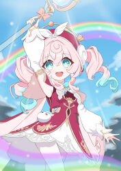  1girl absurdres aqua_eyes aqua_hair aqua_ribbon arm_up armpits beret breasts charm_(object) cowboy_shot dress drill_hair fingernails hair_between_eyes hair_intakes hat highres holding holding_staff honkai:_star_rail honkai_(series) hyacine_(honkai:_star_rail) layered_dress long_hair long_sleeves looking_at_viewer multicolored_hair neck_ribbon open_mouth pantyhose pink_hair puffy_long_sleeves puffy_sleeves rainbow red_dress red_hat ribbon sidelocks smile solo staff sudakino teeth twin_drills two-tone_hair upper_teeth_only white_pantyhose white_sleeves yellow_pupils 