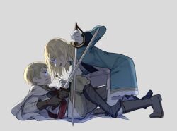  2boys aged_down axis_powers_hetalia bleeding blonde_hair blood blood_on_clothes blood_on_face blue_eyes boots cape commentary_request cross cross_necklace france_(hetalia) gloves grey_background holding holding_sword holding_weapon holy_roman_empire_(hetalia) jacket jewelry latin_cross lying male_focus medium_hair multiple_boys necklace on_back on_one_knee open_mouth pants scratches shio_konbu_(syoko128) shirt short_hair simple_background smile sword violet_eyes weapon 
