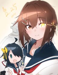  2girls ahoge black_hair blue_sailor_collar blush bow brown_eyes brown_hair chibi chibi_inset collared_shirt commentary_request dated double_v furutaka_(kancolle) glowing glowing_eye green_eyes hair_between_eyes hair_bow hair_ornament hair_over_one_eye hair_ribbon hairclip heterochromia highres kako_(kancolle) kantai_collection looking_at_viewer ma_rukan multiple_girls neckerchief red_neckerchief ribbon rigging sailor_collar shirt short_hair signature simple_background smile solo_focus upper_body v white_shirt yellow_background yellow_bow yellow_eyes yellow_ribbon 