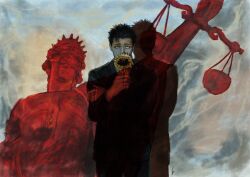  1boy absurdres balance_scale black_hair black_suit blindfold covered_mouth covering_own_mouth crossed_arms crown flower highres higuruma_hiromi holding holding_flower jacket jujutsu_kaisen k05062688 lady_justice lawyer shadow short_hair short_sideburns sideburns standing statue suit suit_jacket suit_pants sunflower weighing_scale 