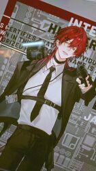  1boy aiming alternate_costume alternate_hairstyle black_choker black_jacket black_necktie black_pants choker commentary cowboy_shot ear_piercing english_text film_grain green_eyes gun hair_between_eyes hair_ornament hairclip handgun head_tilt highres holding holding_gun holding_weapon jacket lapels lauren_iroas long_hair necktie nijisanji notched_lapels open_clothes open_jacket pants parted_lips piercing red_hair shirt shirt_tucked_in solo virtual_youtuber weapon white_shirt wolfjamescamer1 