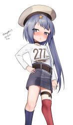  1girl absurdres alternate_costume belt black_belt black_choker blue_skirt blue_socks blush choker collarbone feet_out_of_frame hair_ornament hat highres kantai_collection kneehighs licking_lips loli long_hair long_sleeves maru_(marg0613) miniskirt print_shirt purple_hair red_thighhighs scamp_(kancolle) shirt side_ponytail sidelocks simple_background single_kneehigh single_sock single_thighhigh skirt socks solo standing star_(symbol) star_hair_ornament thigh-highs thigh_strap tongue tongue_out very_long_hair violet_eyes white_background white_hat white_shirt 