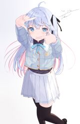  1girl absurdres ahoge arms_up black_bow black_ribbon black_shirt black_thighhighs blue_bow blue_eyes blue_hair blush bow closed_mouth collared_shirt dated dress_shirt feet_out_of_frame finger_frame gradient_background grey_background grey_hair grey_jacket hair_between_eyes hair_bow hair_ribbon highres indie_virtual_youtuber jacket kagura_nana kagura_nana_(3rd_costume) loafers long_hair long_sleeves looking_at_viewer multicolored_hair one_side_up pink_hair pleated_skirt puffy_long_sleeves puffy_sleeves ribbon shirt shoes signature simple_background skirt smile solo standing standing_on_one_leg takanawa thigh-highs two-tone_hair two_side_up very_long_hair virtual_youtuber white_background white_skirt 