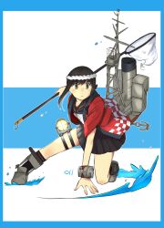  1girl absurdres artist_logo black_eyes black_hair black_sailor_collar black_skirt blue_border blue_neckerchief border commentary_request fubuki_(festival)_(kancolle) fubuki_(kancolle) fubuki_kai_ni_(kancolle) full_body hachimaki hand_net happi headband highres japanese_clothes kantai_collection logo low_ponytail ma_rukan neckerchief nejiri_hachimaki pleated_skirt ponytail rigging sailor_collar searchlight short_ponytail sidelocks skirt solo two-tone_background water waves white_background white_headband 