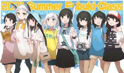  2021 6+girls alternate_costume backwards_hat bag baseball_cap beach_umbrella beetle black_hair blush book braid bug camera closed_eyes closed_umbrella clothes_writing commentary_request fubuki_(kancolle) hair_ribbon hat hatsuyuki_(kancolle) headgear highres holding holding_book holding_camera hot isonami_(kancolle) kantai_collection long_hair low_ponytail ma_rukan miyuki_(kancolle) multiple_girls murakumo_(kancolle) off_shoulder open_clothes open_mouth oversized_clothes oversized_shirt pants pleated_skirt ponytail ribbon shirayuki_(kancolle) shirt short_hair short_ponytail short_twintails shorts sidelocks single_braid skirt smile sparkle summer sweat towel towel_around_neck tress_ribbon twin_braids twintails umbrella uranami_(kancolle) usugumo_(kancolle) waving white_hair wide_sleeves 