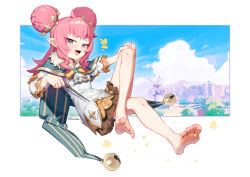  1797928123 1girl absurdres aqua_eyes bare_legs barefoot bell blue_cape blue_eyes blue_sky cape clouds cloudy_sky commentary_request day double_bun feet foot_focus full_body hair_bun hand_on_own_knee highres holding holding_wand krithia_(roco_kingdom:_world) legs long_hair looking_at_viewer mage_staff open_mouth pink_hair pointy_ears roco_kingdom:_world sitting sky smile soles solo staff toes wand 