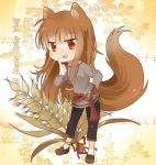  1girl :q animal_ears bad_id brown_hair chocho_(homelessfox) holo horo long_hair pouch red_eyes ribbon solo spice_and_wolf tail tongue wheat wolf_ears wolf_tail 