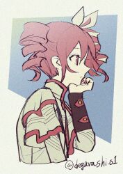  1girl bow commentary cropped_torso dated_commentary degarashi_01 drill_hair expressionless from_side hair_bow hair_ribbon hand_on_own_chin high_collar kasane_teto kasane_teto_(sv) long_sleeves nail_polish pink_eyes pink_hair profile ribbon solo synthesizer_v twin_drills twitter_username utau 