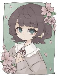  1girl brown_hair brown_sweater cherry_blossoms closed_mouth collared_shirt commentary_request ear_piercing earrings falling_petals frilled_shirt_collar frills gold_earrings green_eyes hands_on_own_chest hands_up harukairo highres jewelry long_sleeves looking_at_viewer neck_ribbon original petals piercing pink_petals red_ribbon ribbon shirt short_hair sleeves_past_wrists solo sweater white_shirt 