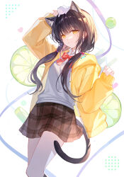  1girl animal_ears animal_on_head arm_up asakura_karen_(heaven_burns_red) black_hair bow bowtie brown_skirt cat cat_ears cat_girl cat_on_head cat_tail closed_mouth cowboy_shot grey_vest hat heaven_burns_red highres jacket long_hair on_head open_clothes open_jacket plaid_clothes plaid_skirt red_bow red_bowtie shirt shiyoi skirt smile solo tail twintails vest white_hat white_shirt yellow_eyes yellow_jacket 