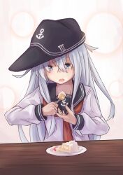  1girl anchor_symbol black_hat black_sailor_collar blue_hair cake commentary_request double-parted_bangs eating flat_cap food food_on_face fork hair_between_eyes hat hat_pin hibiki_(kancolle) highres holding holding_food jewelry kantai_collection kuuru_(kuuru-n) long_hair long_sidelocks long_sleeves neckerchief plate red_neckerchief ring sailor_collar shirt sidelocks solo strawberry_shortcake table upper_body very_long_hair wedding_ring white_background white_shirt 