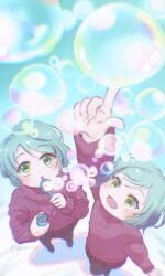  2girls aged_down aqua_hair bang_dream! blowing_bubbles bubble commentary english_commentary green_eyes highres hikawa_hina hikawa_sayo multiple_girls pink_sweater pointing pointing_up short_hair siblings signature sisters sweater twins xin_(blueramen) 