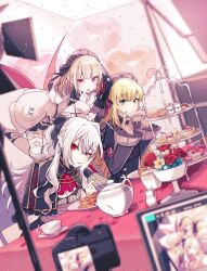  1boy 2girls blonde_hair blurry brown_hair crossdressing crossdressing_(mtf) demon_wings depth_of_field dutch_angle floating frilled_hairband frilled_sleeves frills genderswap genderswap_(mtf) green_eyes hairband highres jacket lolita_fashion long_hair looking_at_viewer maid_headdress makaino_ririmu makaino_ririmu_(5th_costume) multiple_girls nijisanji official_alternate_costume pink_eyes pink_jacket pointy_ears red_eyes sanya_(nijisanji) short_hair table thi_fure trap uneven_eyes uzuki_kou uzuki_kou_(4th_costume) virtual_youtuber white_hair wings 