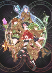  4girls absurdres aussa_(yu-gi-oh!) aussa_the_earth_charmer bandeau bare_shoulders black_bandeau blue_eyes blue_hair blush breasts brown-framed_eyewear brown_cloak brown_eyes brown_hair brown_robe cloak collarbone commentary duel_monster english_commentary eria_(yu-gi-oh!) eria_the_water_charmer glasses green_eyes green_hair green_ribbon green_shirt green_sweater group_picture hair_between_eyes highres hiita_(yu-gi-oh!) hiita_the_fire_charmer holding holding_scepter holding_staff hooded_robe large_breasts long_hair looking_at_viewer magic_circle medium_breasts multiple_girls navel open_clothes open_mouth open_robe overshirt ponytail rectangular_eyewear red_eyes red_hair ribbed_shirt ribbed_sweater ribbon robe scepter shirt short_hair skirt smile smilingspectra staff sweater thigh-highs torn_clothes torn_thighhighs turtleneck turtleneck_lift turtleneck_sweater unbuttoned unbuttoned_shirt wynn_(yu-gi-oh!) wynn_the_wind_charmer yu-gi-oh! 