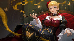  1girl beatrice_(umineko) black_dress blonde_hair blue_eyes blunt_bangs bow breasts bug butterfly chair choker collarbone commentary_request couch dress feet_out_of_frame flower frilled_sleeves frills hair_bun hair_flower hair_ornament highres holding holding_smoking_pipe iamc95 juliet_sleeves large_breasts lips long_sleeves looking_at_viewer parted_lips pink_bow puffy_sleeves red_flower short_hair sidelocks sitting smoking_pipe solo umineko_no_naku_koro_ni wide_sleeves yellow_butterfly 