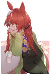  1girl alternate_costume animal_ears black-framed_eyewear blue_shirt braid breasts coat feather_hair_ornament feathers floral_print_shirt glasses green_coat green_eyes green_pants hair_between_eyes hair_ornament head_rest highres horse_ears horse_girl long_hair open_clothes open_coat pants red_hair ryuutai_no_kimagure shirt sitting small_breasts solo table twin_braids umamusume win_variation_(umamusume) 