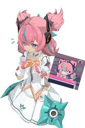  1girl aria_(zenless_zone_zero) breasts commentary_request dress fingerless_gloves flying_sweatdrops gloves highres index_fingers_together memtzzsm0j37789 pink_gloves pink_hair puffy_short_sleeves puffy_sleeves quad_tails reference_inset short_sleeves simple_background solo sparkling_eyes violet_eyes white_background white_dress zenless_zone_zero 