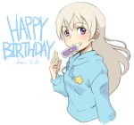  blonde_hair card card_in_mouth eila_ilmatar_juutilainen grin hands happy_birthday hoodie long_hair mouth_hold purple_card purple_eyes smile solo star strike_witches tabigarasu violet_eyes 