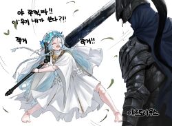  1girl 1other :d ^_^ absurdres armor barefoot blue_flower blue_hair closed_eyes commentary_request dokomon doll_joints elden_ring elden_ring_nightreign fang flower full_armor highres holding holding_sword holding_weapon huge_weapon joints korean_commentary korean_text long_hair revenant_(elden_ring) robe short_sleeves simple_background smile standing sword translation_request tri_braids v-shaped_eyebrows veil very_long_hair weapon white_background white_robe wide_sleeves 
