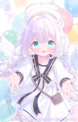  1girl :d absurdres bag balloon black_ribbon blush bow brown_bag choker collarbone commentary_request commission cowboy_shot dress dress_ribbon facing_viewer fang feathered_wings flower frilled_dress frilled_sleeves frills gold_halo gold_trim green_bow green_eyes hair_flower hair_ornament halo hat highres long_hair long_sleeves looking_at_viewer maimai_(game) multiple_wings outstretched_arms pink_hair qingye_tuanzi ribbon shoulder_strap sidelocks simple_background smile solo star_(symbol) star_in_eye symbol_in_eye twintails white_background white_choker white_dress white_flower white_hat white_wings wings yurisaki_mika_(maimai) 