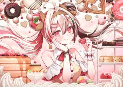  1girl :3 :q apple apple_slice bare_shoulders blueberry breasts brown_hair brown_shirt checkerboard_cookie cherry closed_mouth commentary_request cookie doughnut floating_hair food food_on_face food_request fruit hands_up heart highres holding holding_food long_hair macaron medium_breasts multicolored_hair original pancake pancake_stack pudding raspberry red_eyes red_hair shibainu shirt solo strawberry streaked_hair tiered_tray tongue tongue_out twintails very_long_hair whipped_cream 